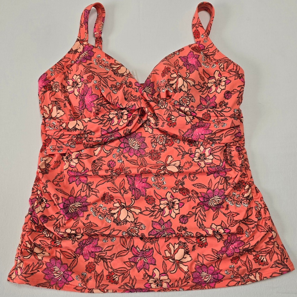 Lands' End Women Size 14 Tankini Swim Top Coral Pink Floral Side Ruching NWOT